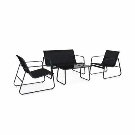 Salon de jardin en métal et textilène pour 4 personnes. gris foncé et noir. design
