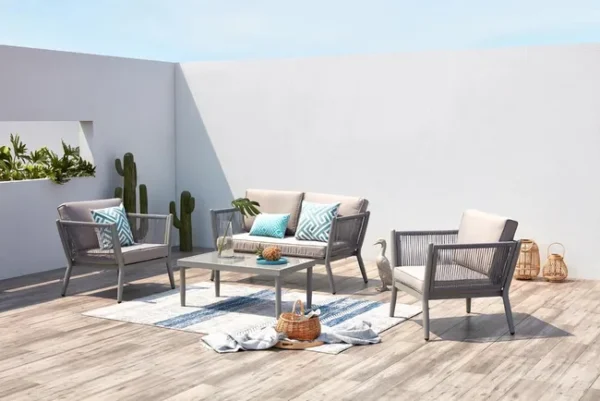 Salon jardin 4 places en alu et corde gris clair ANAHMA