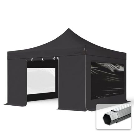 4x4 m Tonnelle Barnum Tente pliante Alu, PVC 850, anti-feu, 4 côtés panoramiques, noir
