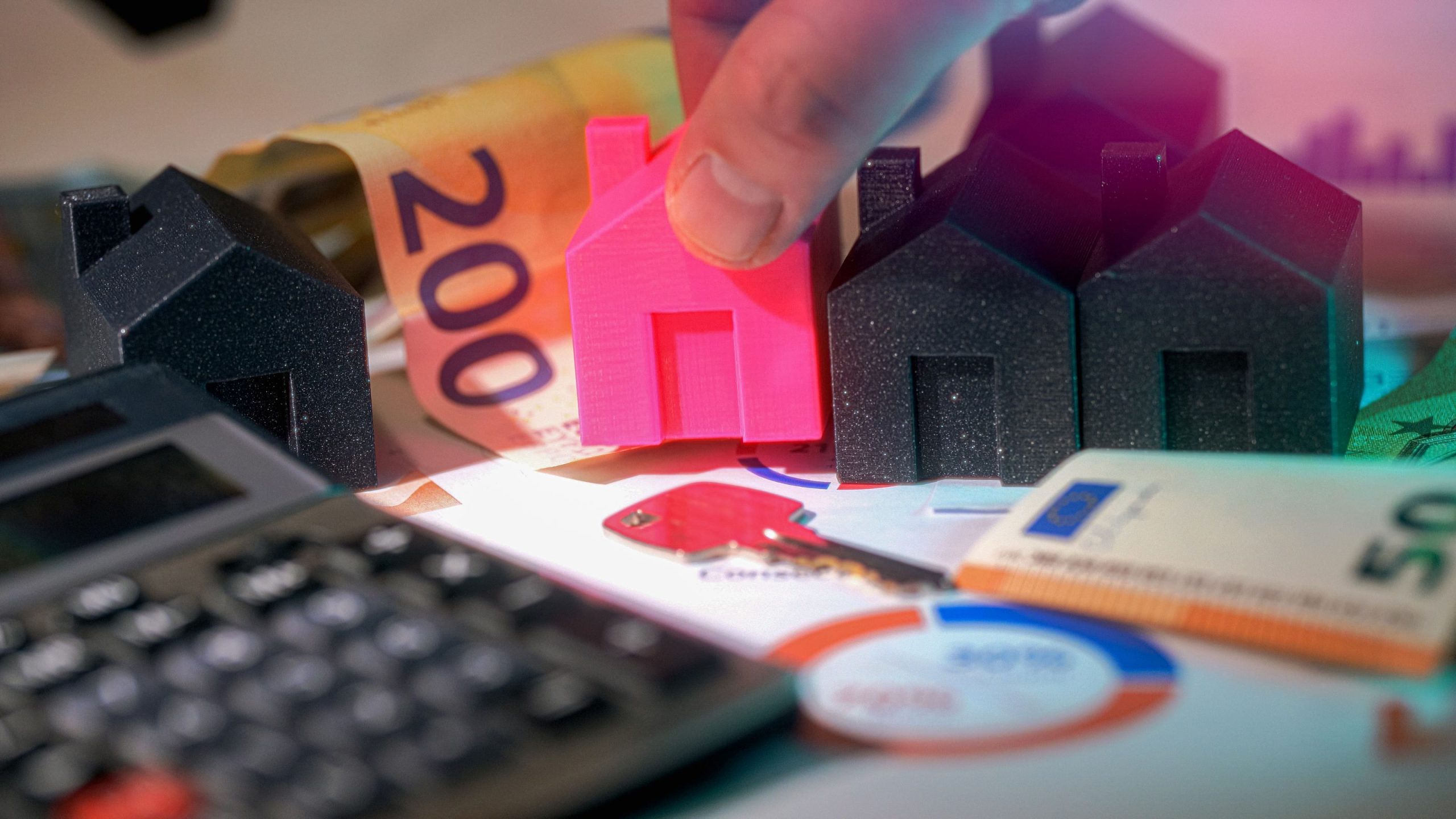Maisons miniatures, euros et calculatrice investissement immobilier